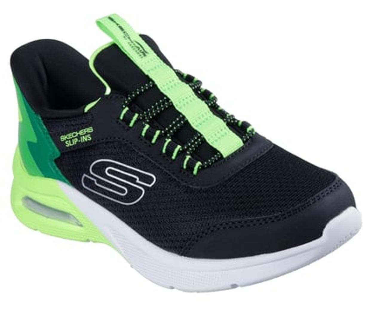 Skechers Boy's Microspec Max Brisk-Stripe Slip-in Trainers, Black Textile/Synthetic/Lime Trim, 10.5 UK Child