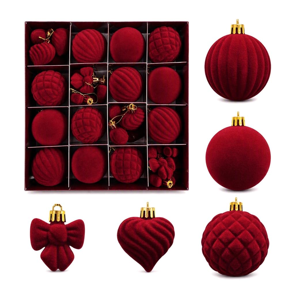 32pcs Velvet Christmas Baubles, Shatterproof Christmas Ornaments​ Set，Red