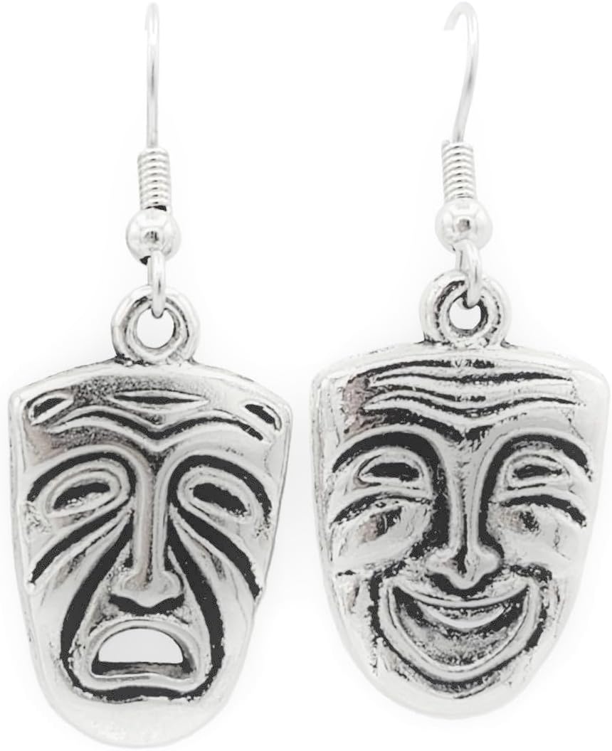 Comedy/Tragedy Faces - 25x15mm – Silver alloy charm dangle earrings. Choose the hypoallergenic backings you prefer. Fishhook, Ball-Post, or Clip-on Earring Opts.