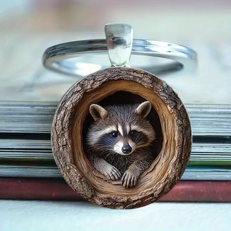 Animal Keychain from Dome Shaped Picture Key Ring with Stainless Steel Chain Crystal Glass Dome Key Chain(Raccoon)