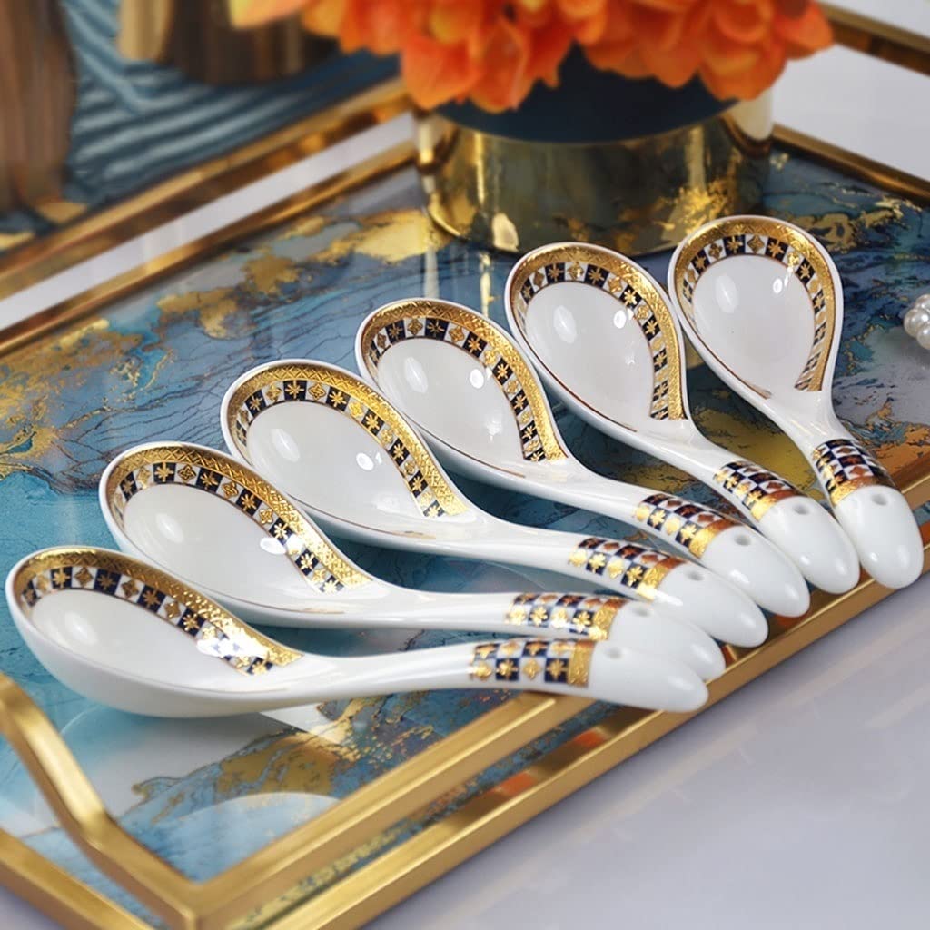 Cucharas de Postre Cucharas de Postre Cuchara de Sopa asiática 3 Piezas Cuchara de Sopa China Tangshan Porcelana Estilo Europeo Relieve Oro Hueso China Vajilla Cucharillas Cafe(A)