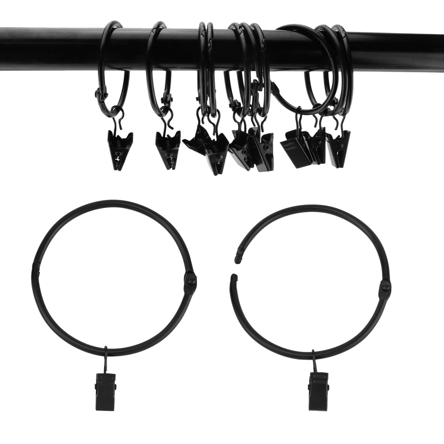 Suneration 12 Pack Openable Curtain Rings with Clips Metal Hangers Ring 3 inch Interior Diameter Rust Proof for Heavy Duty Vintage Decorative Drapery Eyelet Curtain Rods Black