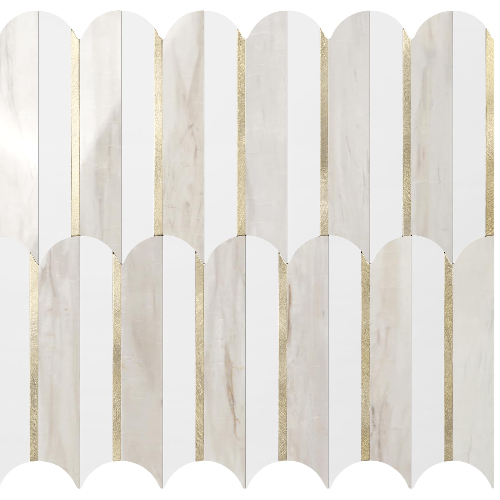 Photo 1 of Vamos Tile Peel and Stick Backsplash Seamless Tile for Kitchen and Bathroom,White and Glossy Wooden Marble PVC Mixed Light Gold Self Adhesive Fish Scale Metal Mosaic Tiles (10 Sheets)