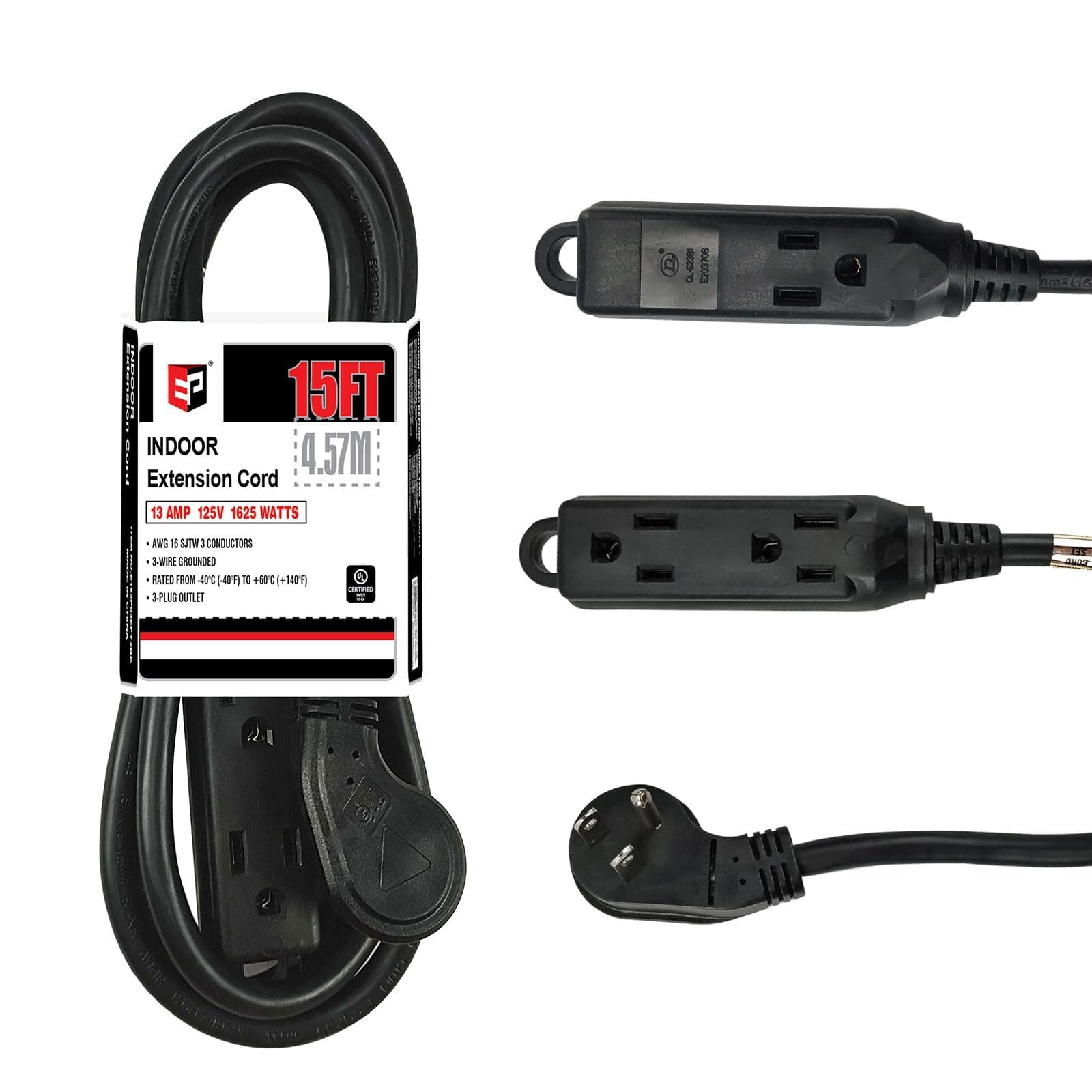 EP Low Profile 16/3 15 Ft Flat Plug 3 Outlets Indoor Extension Cord