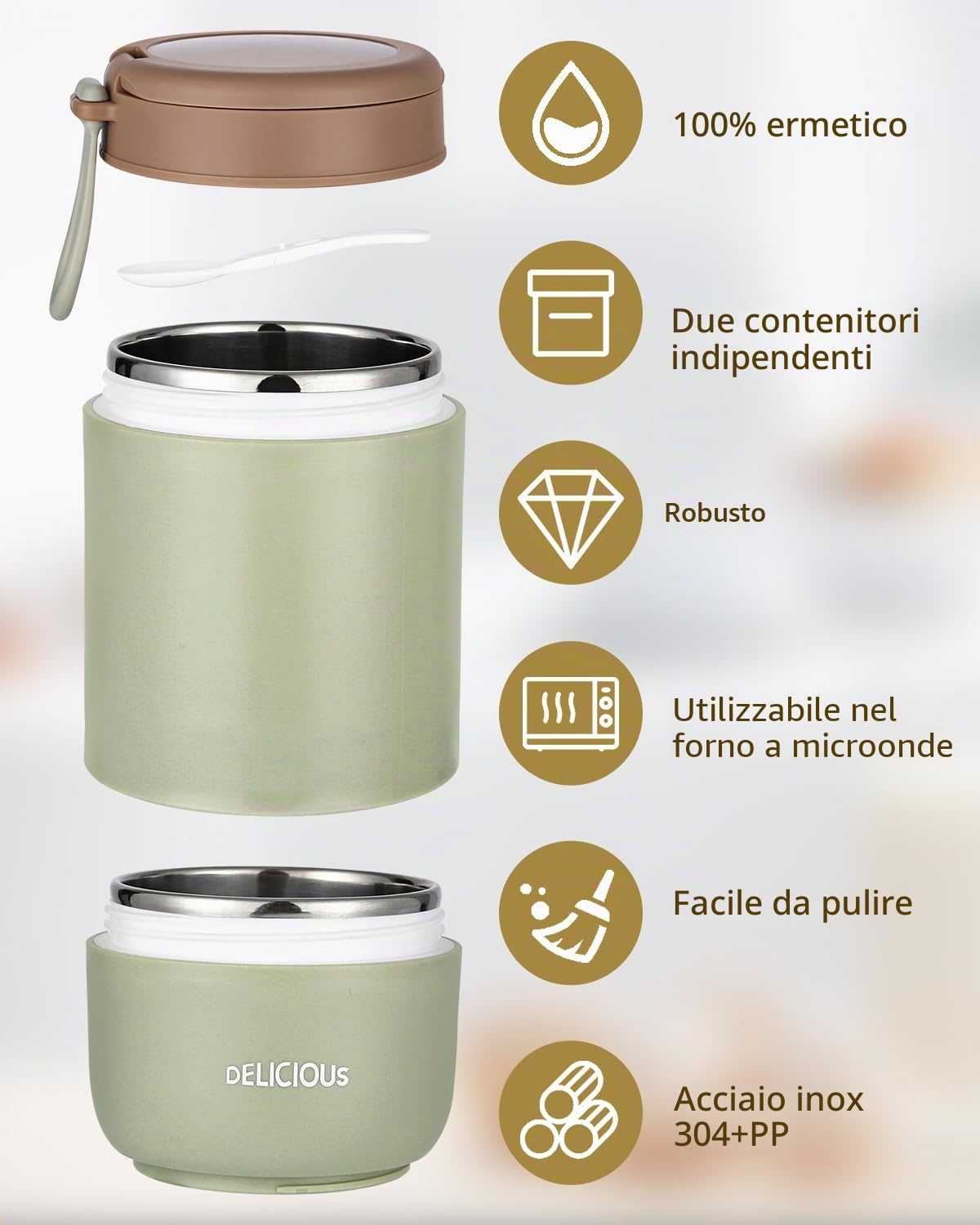 Tazza per Cereali, tazza per yogurt, con cucchiaio, contenitore per alimenti da 300+430 ml per muesli, yogurt, pappe, porridge, avena notturna, gelati e zuppe (verde)