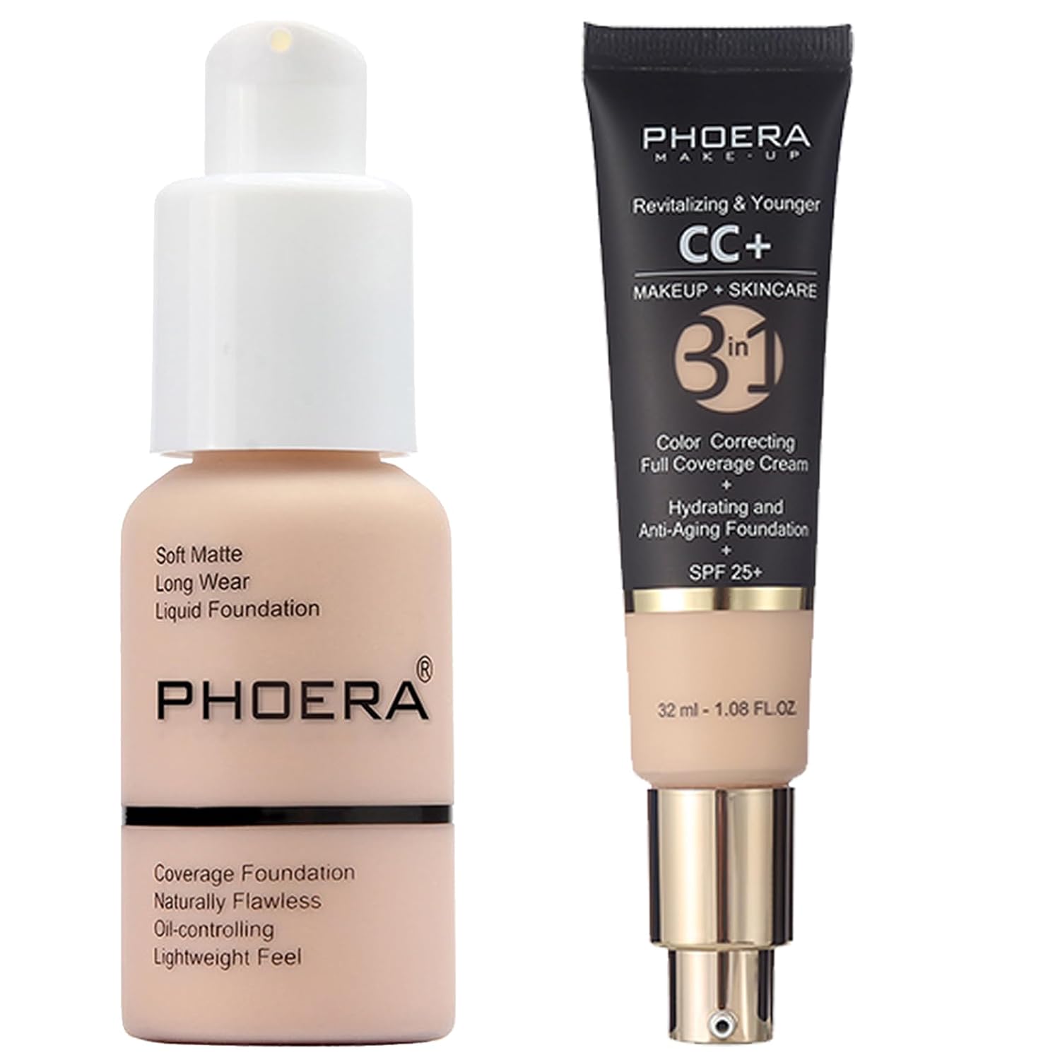 PHOERA Foundation Full Coverage,PHOERA CC Cream Color Correcting Anti Aging Hydrating Serum &SPF 25+,PHOERA Makeup Wrinkles Matte Natural Finish for a Flawless Complexion(101+100/Porcelain+Porcelain)