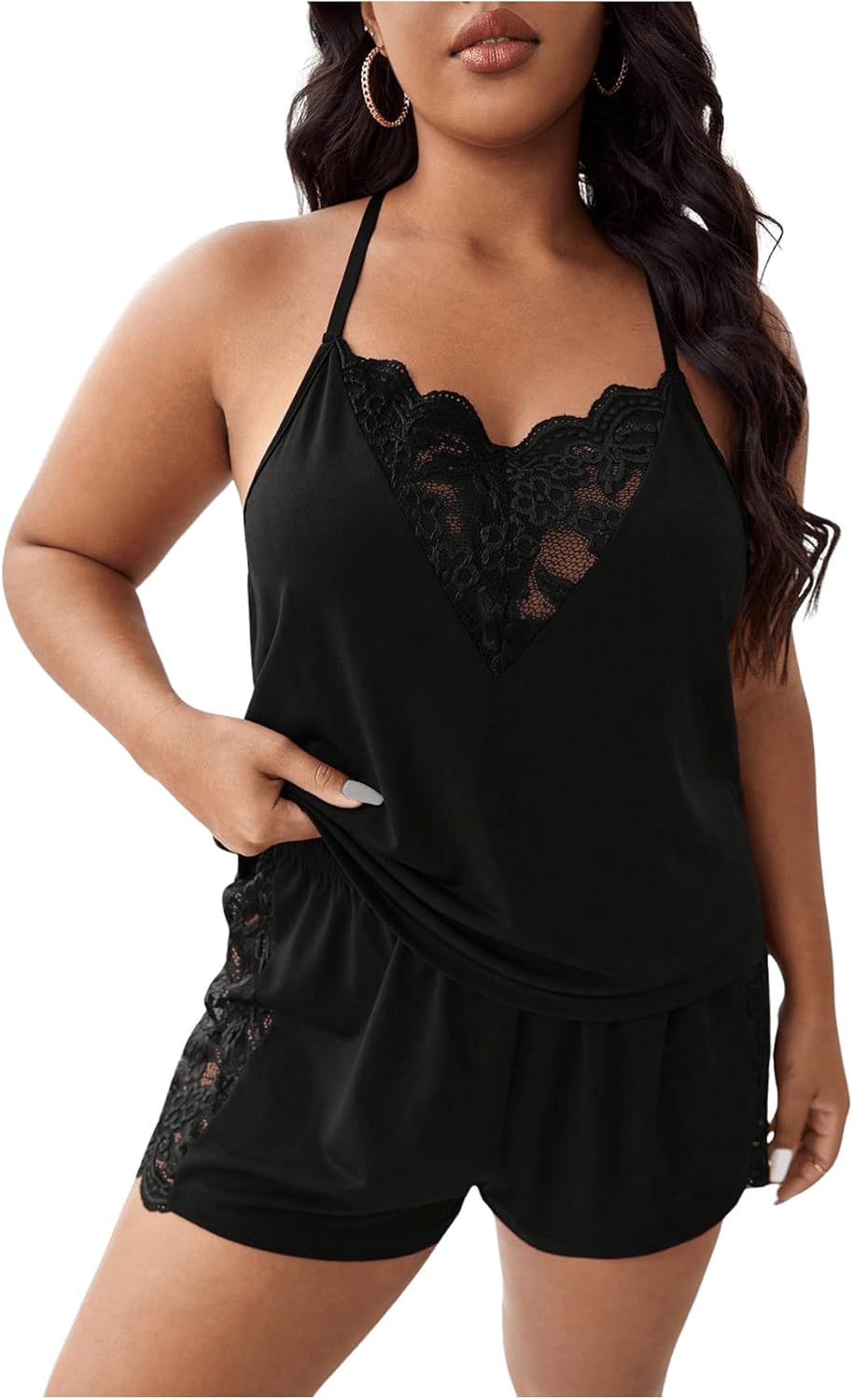 OYOANGLE Women's Plus Size 2 Piece Pajama Set Floral Lace Cami Tank Top and Shorts Set Sleepwear - Image 4