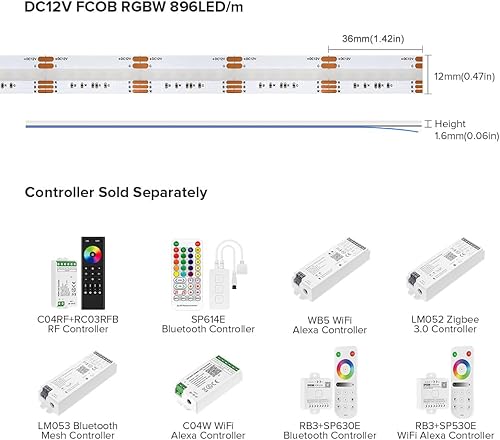 Miniatura 5 de BTF-LIGHTING FCOB - Tira LED COB RGBW 3000K 896LEDm 16.4 pies DC12V que cambia de color, flexible, de alta densidad, luz uniforme de 12mm de ancho