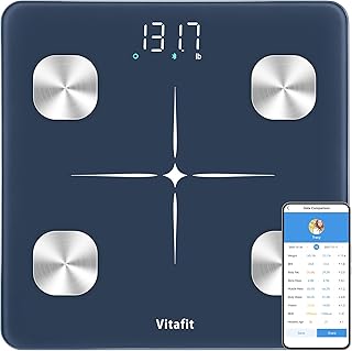 Vitafit Balance Pese Personne, Précision 0,05kg par Notre Usine Professionnelle Depuis 2001, Balance Connectée App avec 13 Données Corporelles (BMI/Graisse Corporelle/BMR), 182kg, LED, Bleu