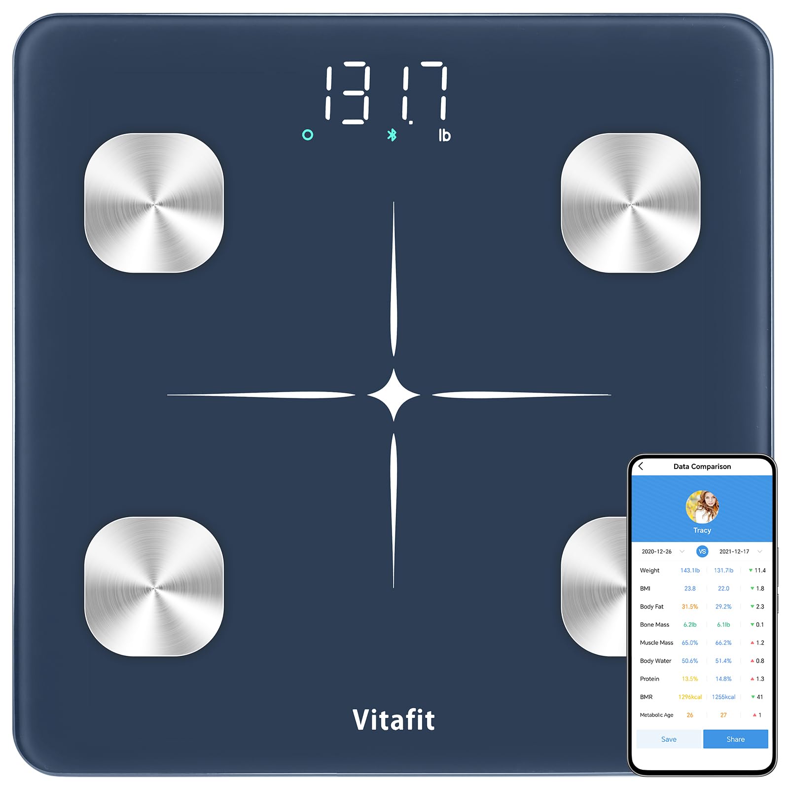 Vitafit Personenwaage Körperfettwaage mit APP 180kg, Hohe Genauigkeit Zugesichert bis Professionelle Fabrik SEIT 2001, Waage Personen mit Bluetooth Körperfett, BMI, Muskelmasse, Blau
