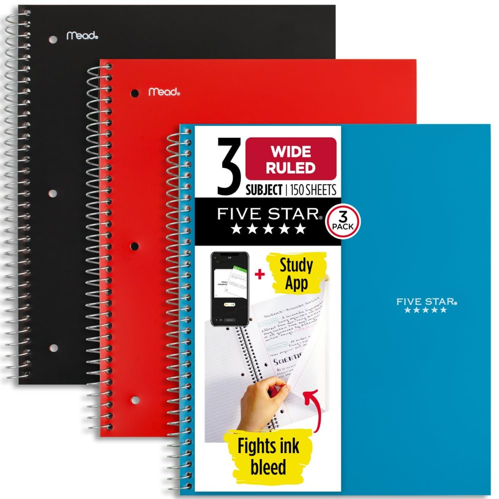 Spiral Notebook + Study App, 3 Pack, 3 Subject, Wide Ruled Paper, 8" x 10-1/2", Tidewater Blue, Fire Red, Black (930081)