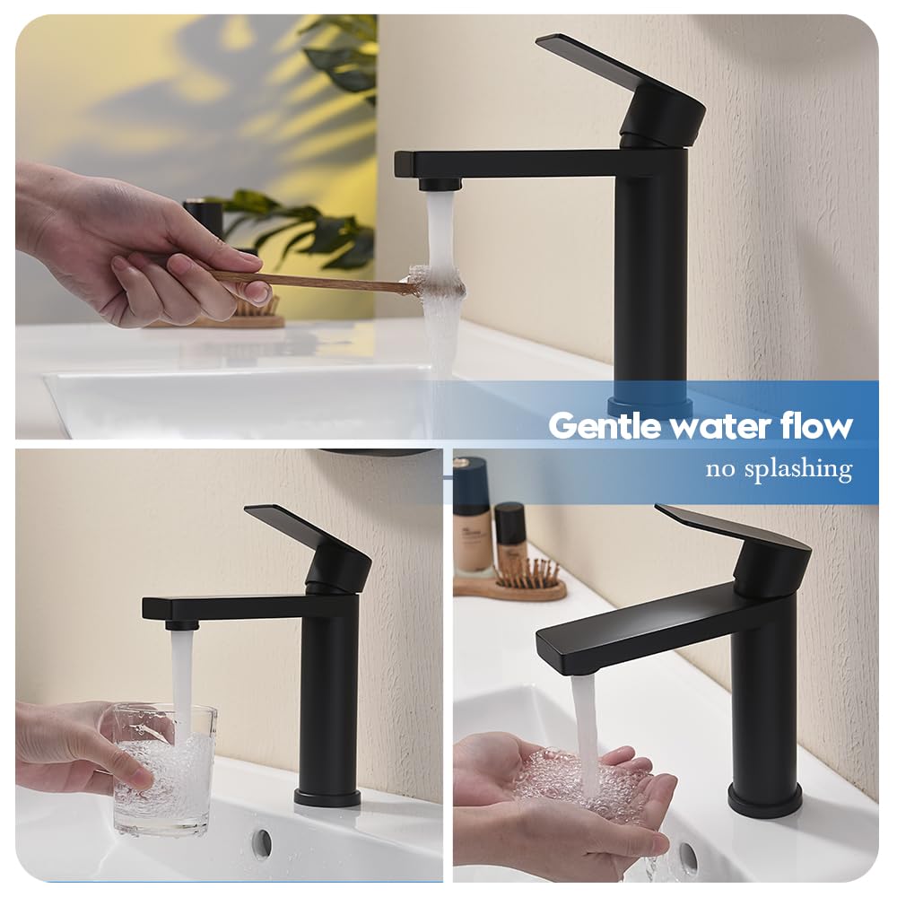 Decaura Grifo de baño con desagüe G1' 1/4 pop-up, pequeño grifo de lavabo con caño de altura 130 mm, grifo mezclador de acero inoxidable con desagüe (negro)