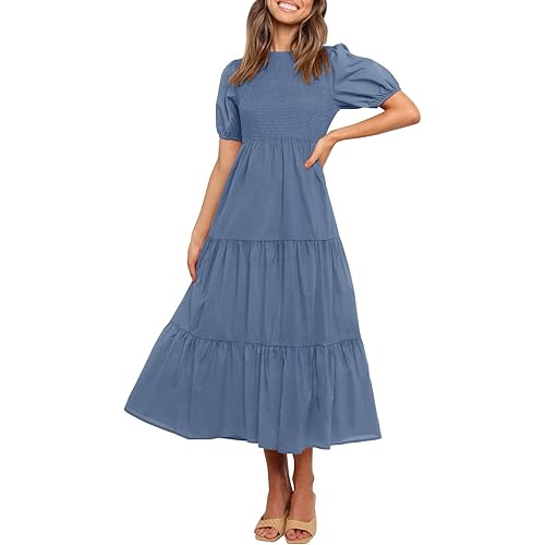 ZESICA Women's 2024 Casual Summer Crew Neck Short Puff Sleeve Smocked High Waist Ruffle Tiered A Line Midi Dress