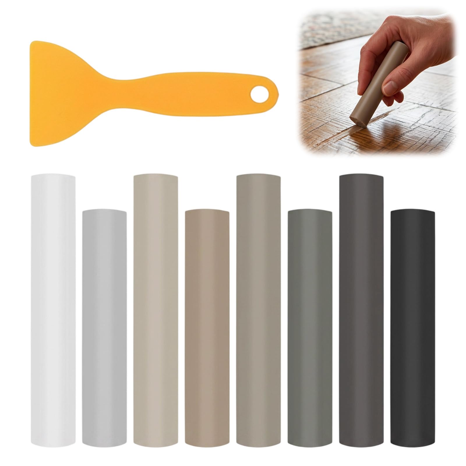 Wax Filler Wood Repair Sticks, 8-Piece Set with Scraper, Oak Wood Filler for Furniture Restoration and Floor Maintenance, Effective Solution for Scratches and Dents