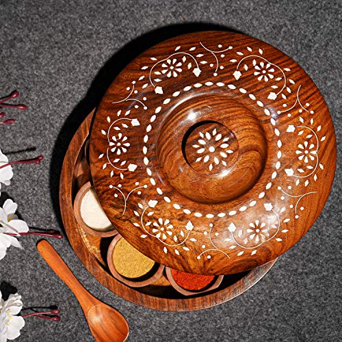 Image of Naayaab Craft Sheesham Wood Pakka Masala Box with Spoon, Round Table Top Masala Dabba 7 Containers for Kitchen (Brown, 25 x 25 x 8.5 cm)