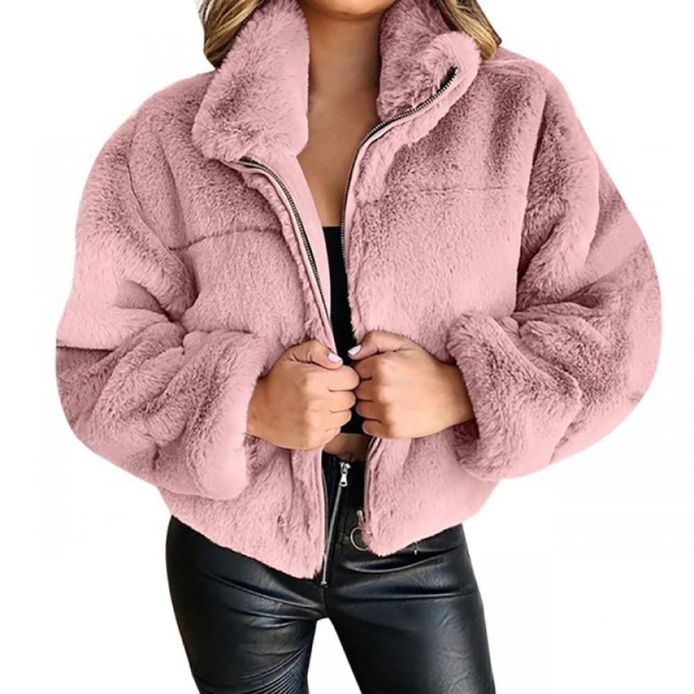 KCatsy Women Coat Jacket Faux Fur Plus Size Zipper Fleece Lined Solid Color Fluffy Shaggy Stand Collar Loose Outerwear