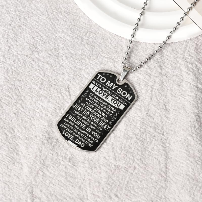 To My Son Necklace from Dad Sons Inspirational Dog Tag Necklace Gifts for Men Boys Birthday Graduation Gifts for Teen Boys Sons I Love You Gift from Dad Father and Son Resin Military Necklaces - Image 3