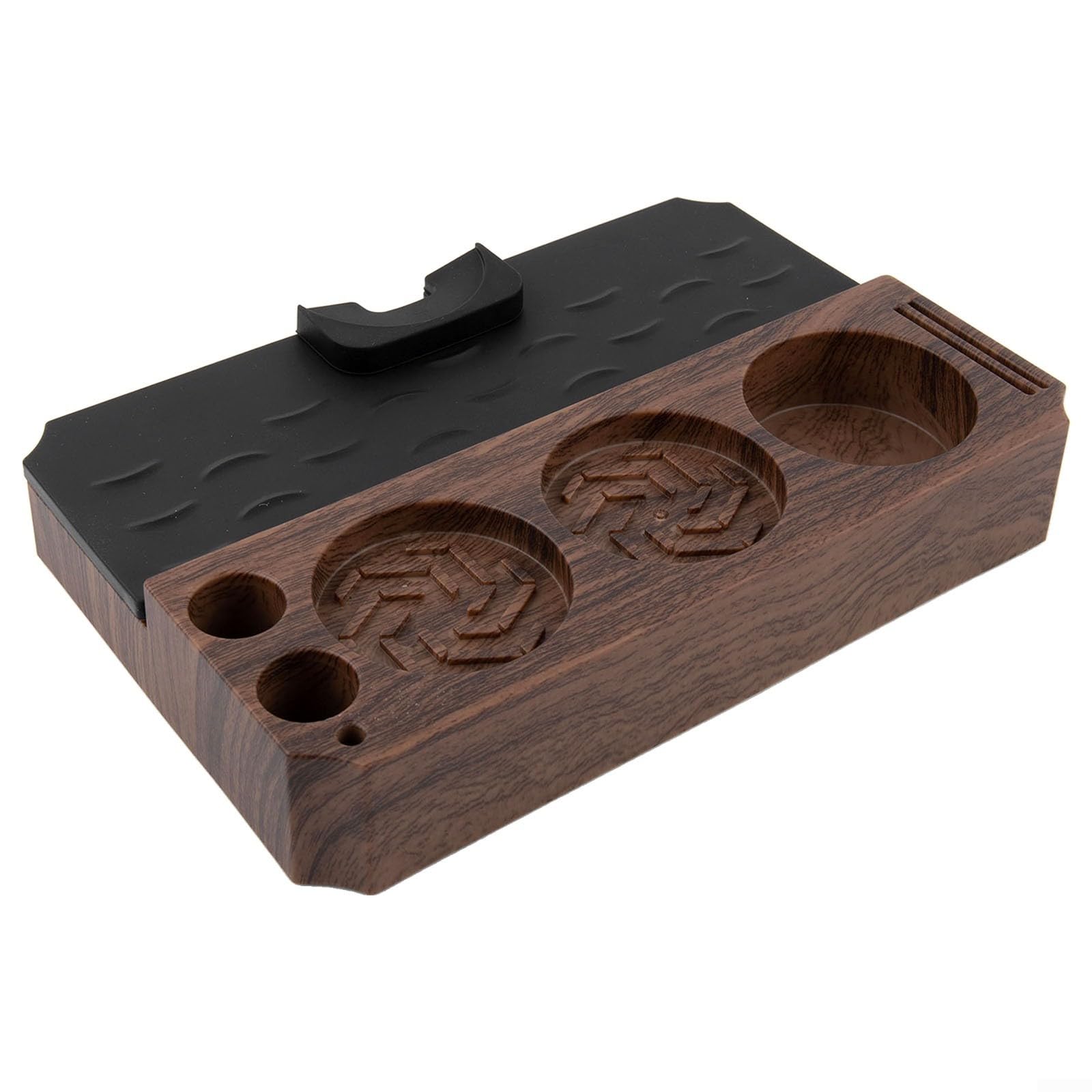 Estación de prensado Espresso con Acabado de Grano de Madera para portafiltros de 51 mm, 53 mm, 58 mm, Base de prensado Multifuncional con Capa de Silicona Antideslizante, Color Nogal