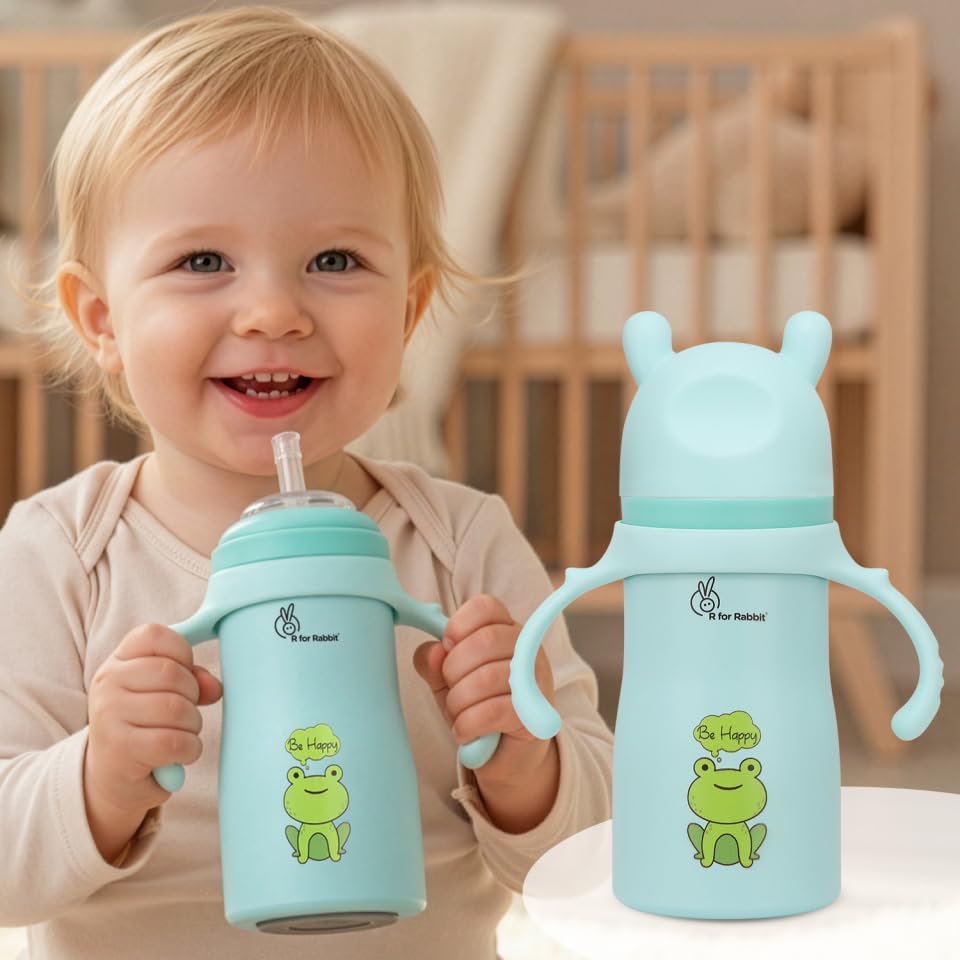 R for Rabbit Steebo Tiny Tales Premium Stainless Steel Straw Sipper for Baby, Leak & Spill Proof BPA Free Soft Silicone Straw Drinking Sipper Bottle for Baby Boy & Girl of 6+ Months (270ml, Lake Blue)