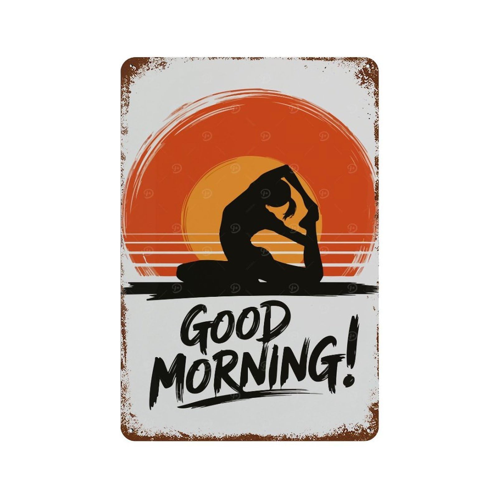 Decorative Tin Sign with Good Morning Yoga Silhouette Design 11.8"x7.9", for Basement, Hobby Room And Garage Decor, Farmhouse Wall Decor