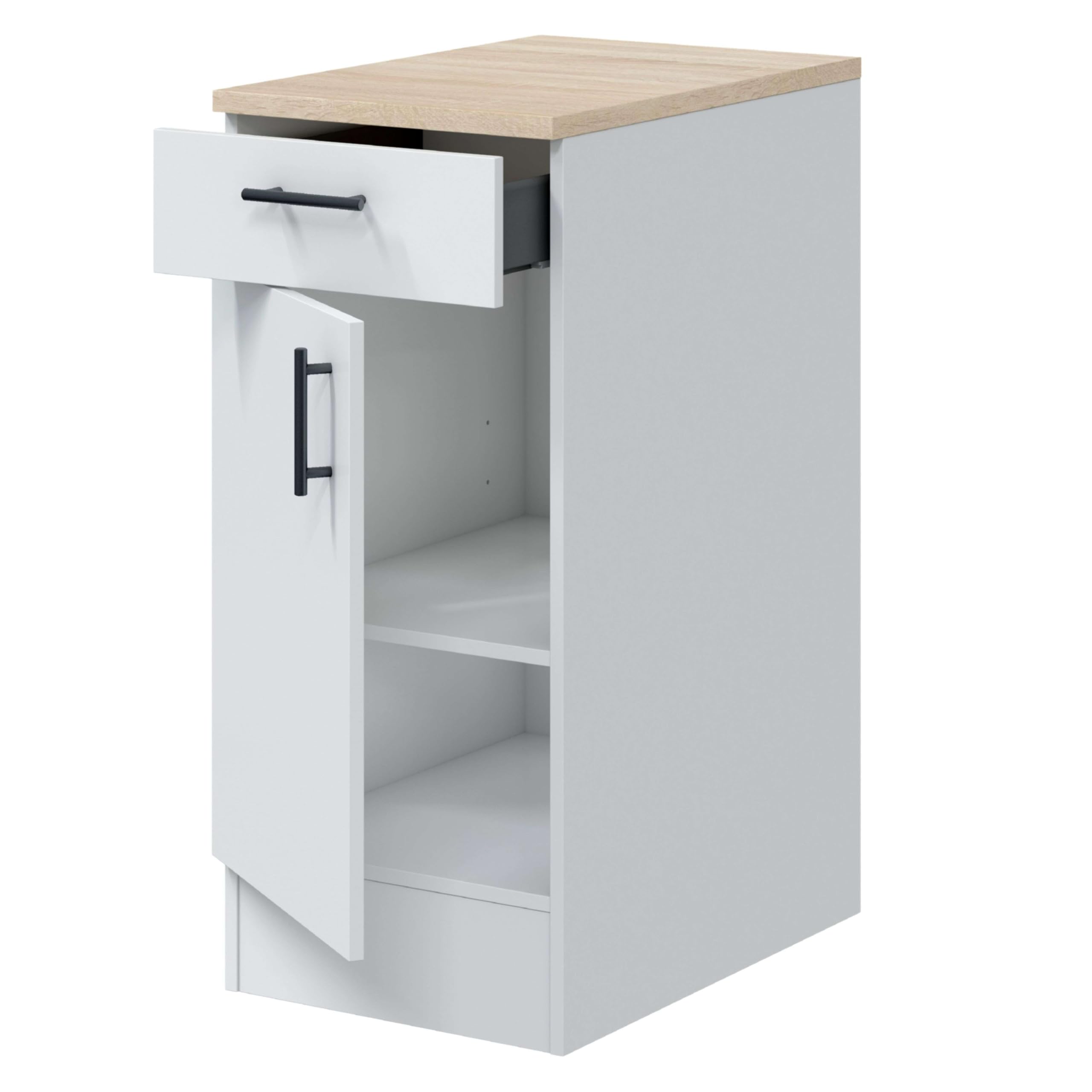Bricohabitat Módulo Inferior Cocina Estrecho Moderno Kira 1 Puerta 1 Cajón Blanco Brillo y Roble Canadian 40x90x60 cm