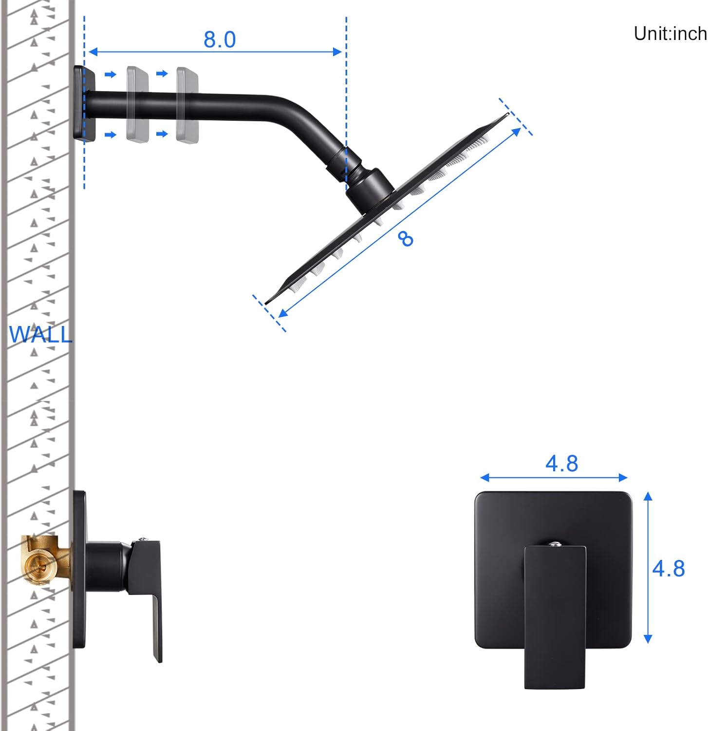 POPFLY Black Shower Faucet Set, High Pressure 8 Inchs Square Shower Rainfall Head, Bathroom Single Funtion Shower Mixing Valve Kit with Rough in Valve…