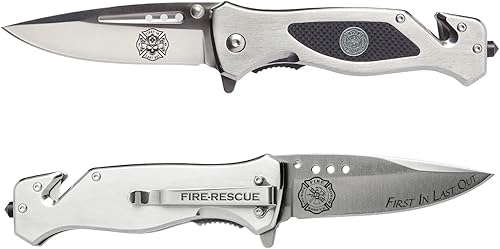 Military Gift Shop Cuchillo de bolsillo para bombero y primer respondiente para hombres  Cuchillo de rescate de EE. UU.  Cuchillo de bombero plateado