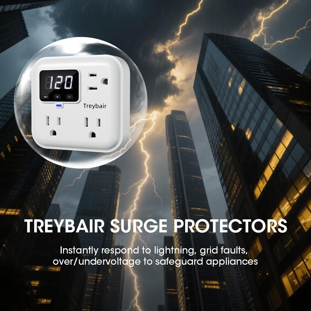 Protector de sobretensiones de 3 salidas con estabilizador de voltaje, protectores de sobretensiones de alimentación de 80 V-140 V para refrigerador, TV, computadora | visualización LED, ignífuga