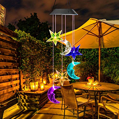 Vinkki Solar Wind Chime Color Changing Solar Light Moon Star LED Wind Chime Wind Mobile Portable Waterproof Outdoor Decorative Romantic Wind Bell Light for Patio Yard Garden Home
