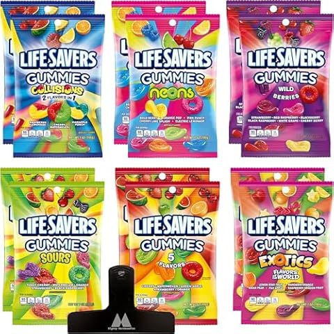 Lifesavers Gummies Bulk Variety Pack - 7 oz Bags (Pack of 12) - Collisions, Neons, Wild Berries, Sours, 5 Flavors, Exotics - With Mighty Merchandise Bag Clip Cover