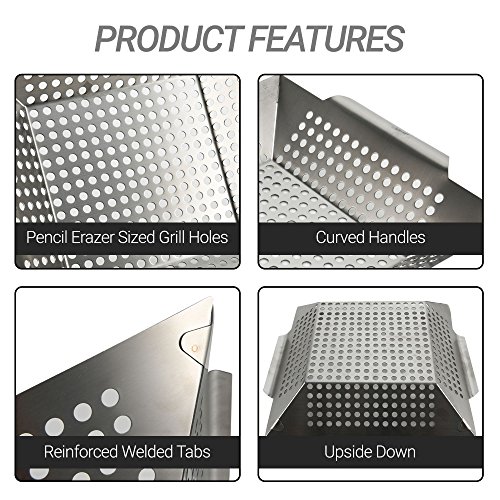 The American Grill Club Grilling Basket - Large Stainless Steel Portable Indoor Outdoor BBQ Pan - Barbeque Veggies, Kabobs or Charbroil Fish in Backyard or While Camping with Propane Gas or Charcoal - Thumbnail 2