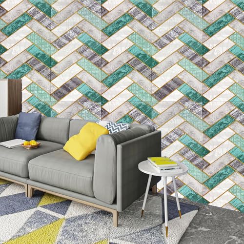 Image of WrapWall 3D Wallpaper Self Adhesive Foam Pack of 2 (70x70 cm) | Waterproof Brick Design Wallpaper |Peel & Stick DIY Wall Decor for Living Room Bedroom Kitchen (2, Green VShape)