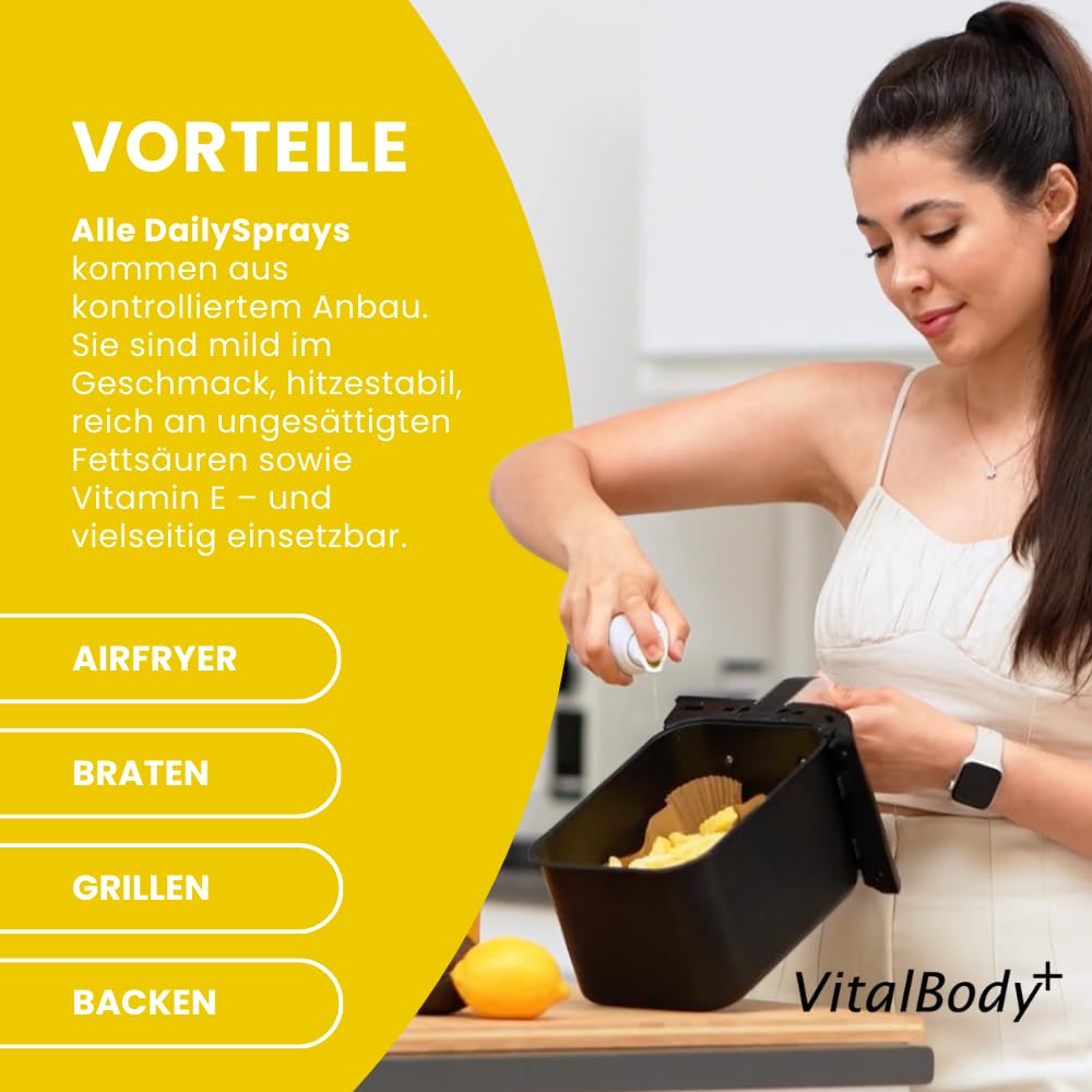 VitalBody+ DailySpray Probierpaket, 6er Pack – 2 kcal Ölspray für Airfryer, Braten & Grillen – Kalorienarm Kochen – Non-stick Cooking Spray, 4800 Portionen