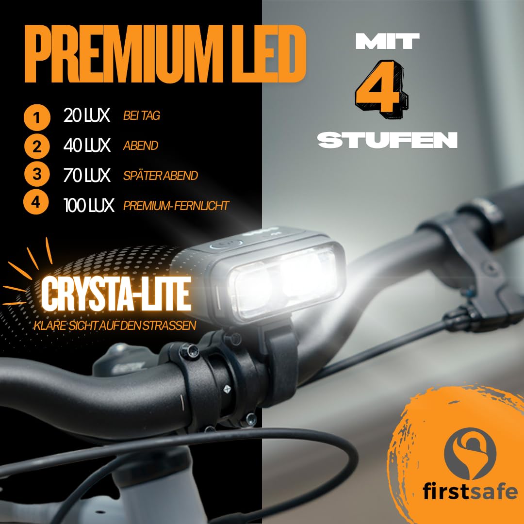 firstsafe® Fahrradlicht Set | 100 Lux Fernlicht & Bremslicht | 12h Akkulaufzeit | StVZO Zugelassen | Wasserdicht | Abnehmbar & USB-aufladbar