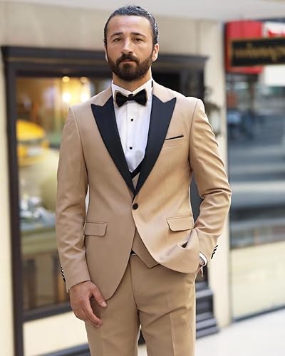 Miniatura 2 de HUUTOE Trajes de graduación ajustados de 3 piezas para hombre, esmoquin negros para hombres, traje de doble botonadura para hombre, traje de boda de