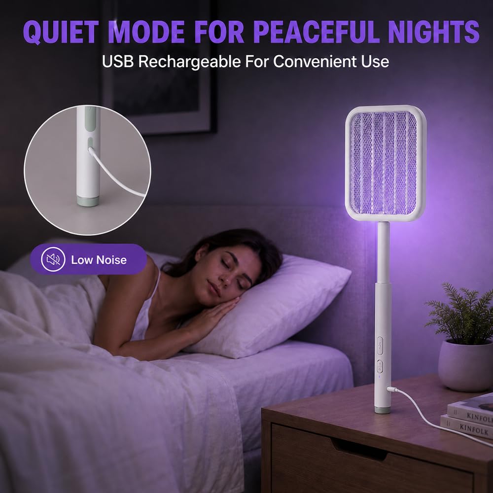 Elektrische Fliegenklatsche, SGZIOO Faltbar Fliegenklatsche Elektrisch mit Teleskopverlängerung und Sockel, Electric Fly Swatter mit UV Mückenfalle, 1200 mAh Wiederaufladbar, für Drinnen und Draußen