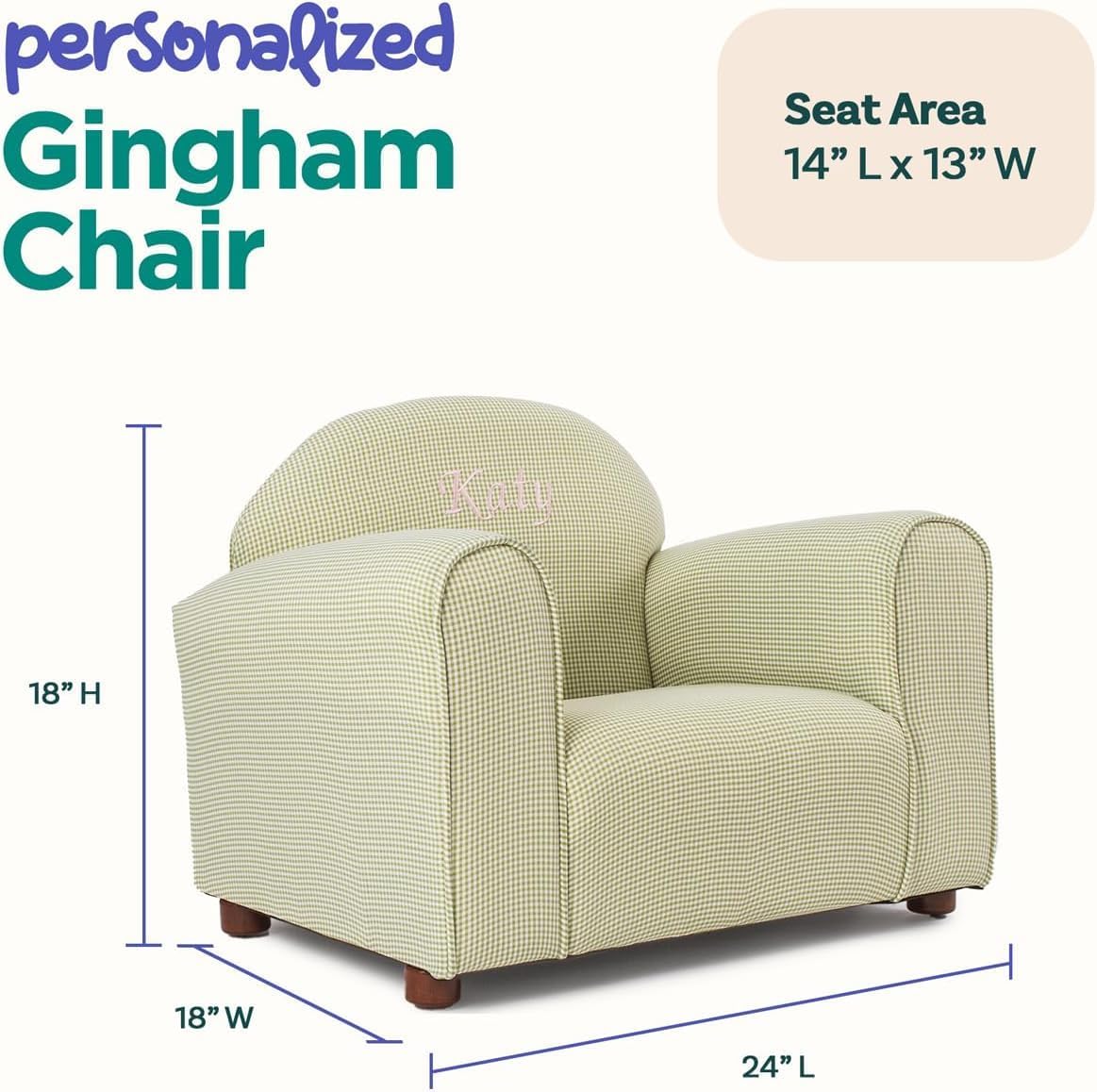 Keet Personalized Gingham Kids Chair with Custom Name Embroidery, Soft Microsuede Fabric, Padded Cushion, Wooden Frame, Ages 2-5, Comfortable & Stylish Toddler Armchair for Playroom & Bedroom.