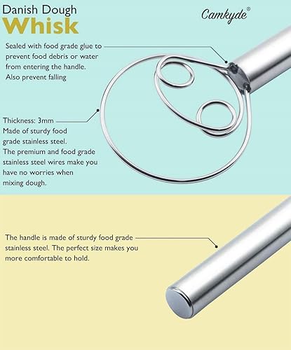 Miniatura 6 de Batidor de masa danés de acero inoxidable de grado alimenticio, batidor holandés para hacer pan, batidora de mano, batidora de mano con gancho para