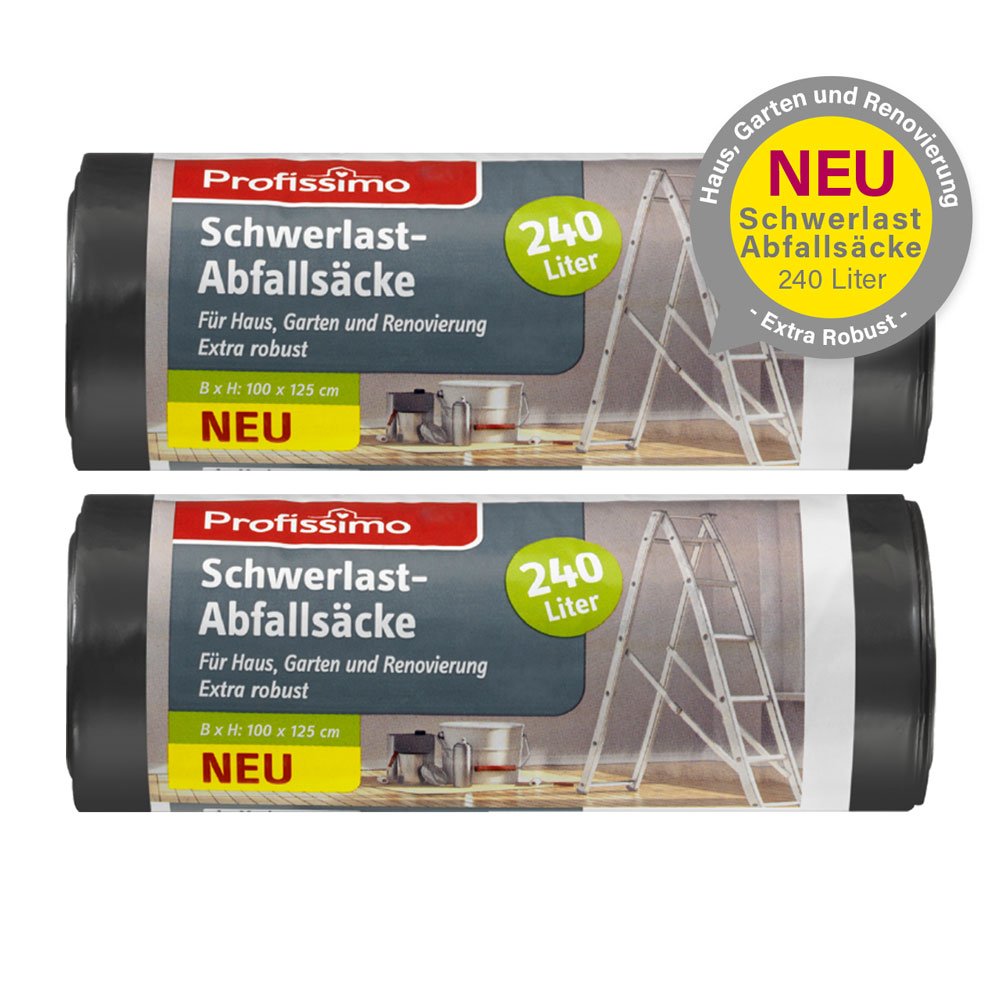 Sacchi per Rifiuti Pesanti – Molto Resistente – 240 litri – 10 pezzi – Confezione da (2 X 5 pezzi) – Per la casa, giardino e ristrutturazione – con grande apertura di riempimento