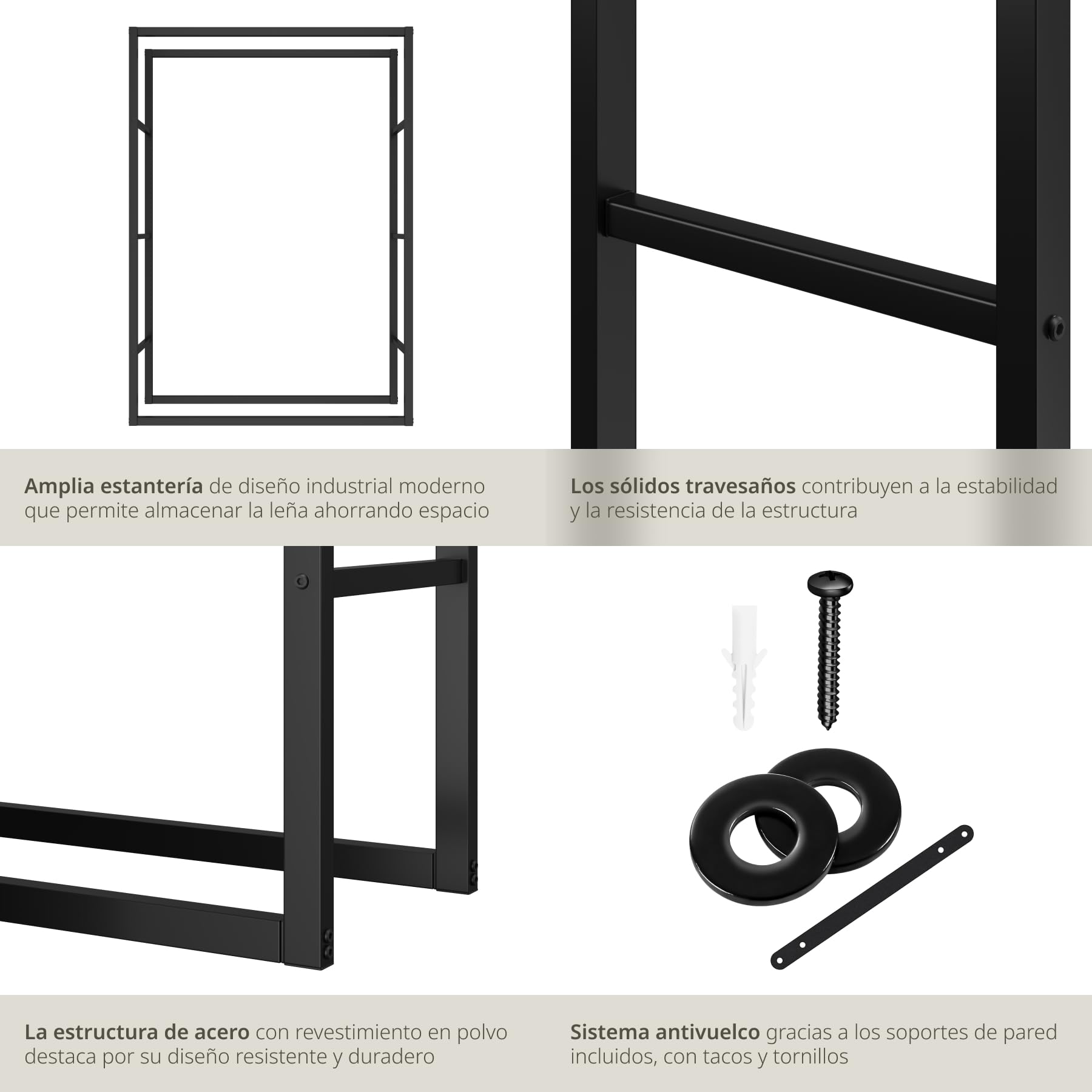tectake® Leñero Interior y Exterior, Diseño Industrial, Estructura de Acero, Gran Espacio de Almacenamiento, Leñero Estable Protección Antivuelco, para Chimeneas y Estufas de Leña