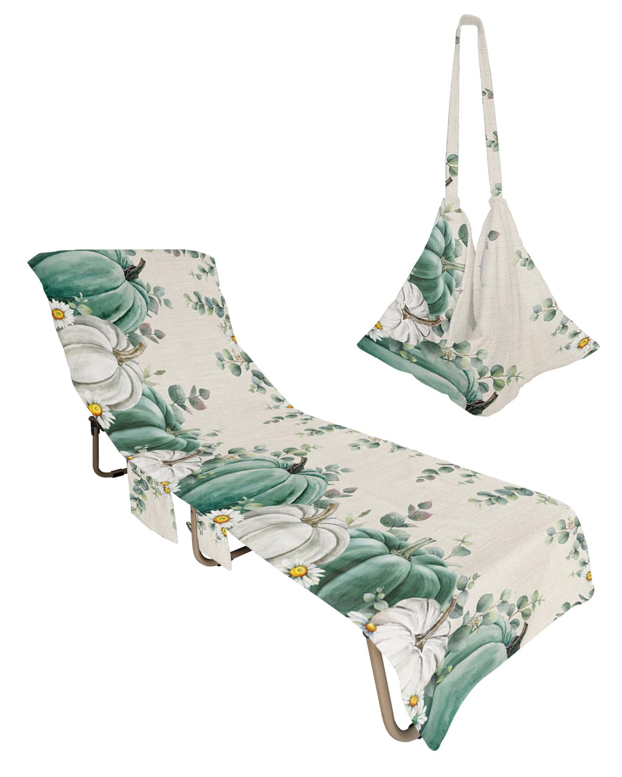 Green Pumpkins, Beach Lounge Chair Towel Cover, Soft Chaise Lounge Towel with Side Pockets Patio Pool Chairs Cover for Beach/Pool Sunbathing 29x85 Fall Eucalyptus Leaves Flower Watercolor Floral