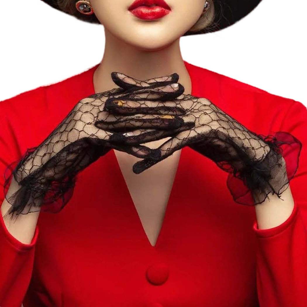 Aularso Women's Black Short Lace Gloves - Vintage Tulle Opera Evening Banquet Gloves for Costume