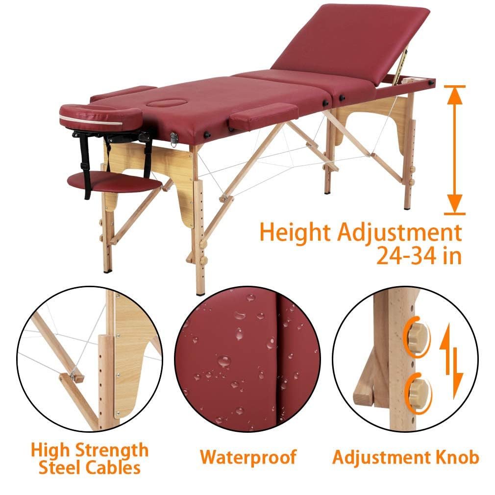 BestMassage Massage Bed Portable Massage Table 24 inch Wide Lash Bed Height Adjustable 2 Folding Spa Table with Non-Woven Bag for Spa Footmassage Facial CareSpa Tattoo: 24.0 inch wide Burgundy