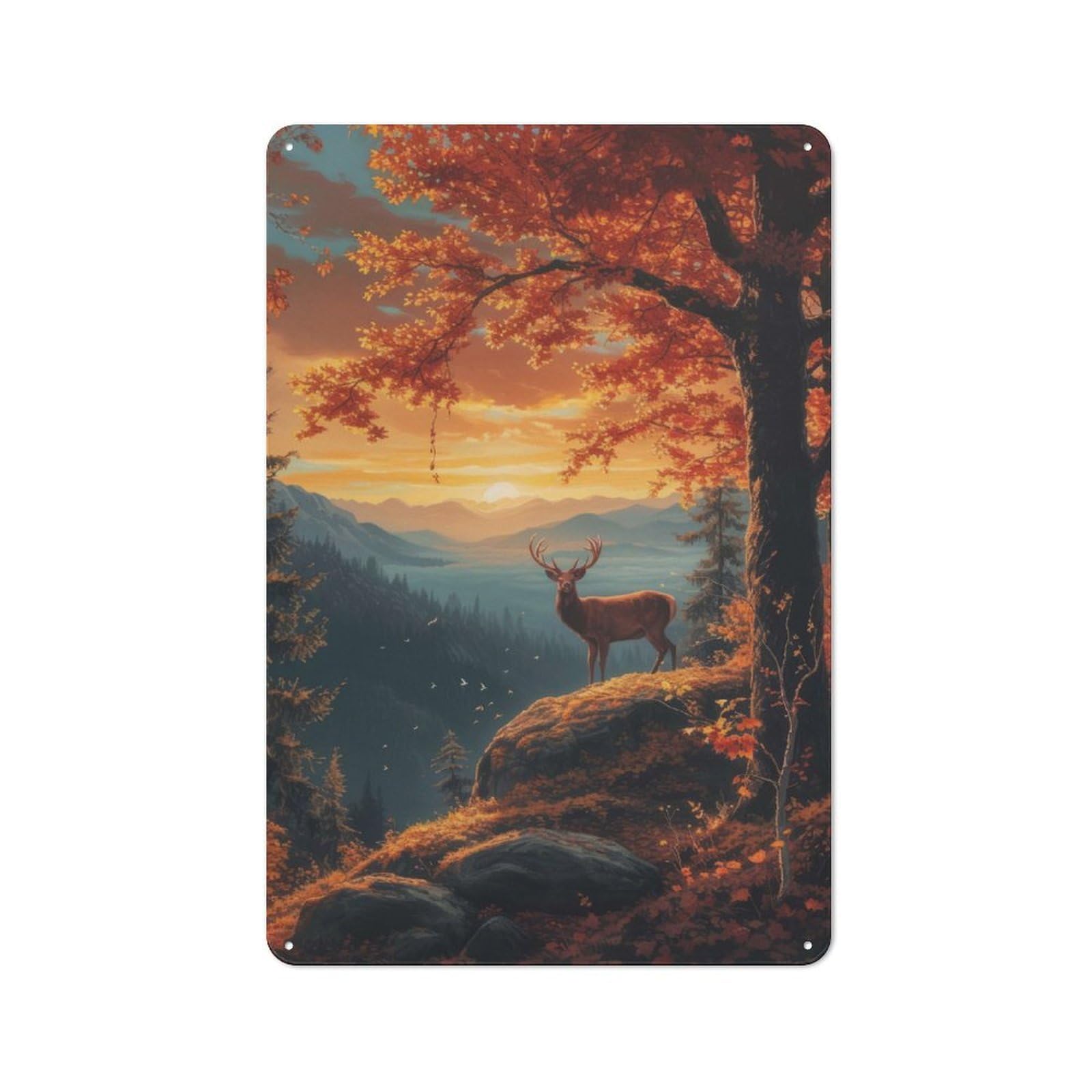 Junmoney Autumn Deer Landscape Rustic Metal Sign 30X20cm For Lounge Or Reading Corner, For Reading Corner Decorators