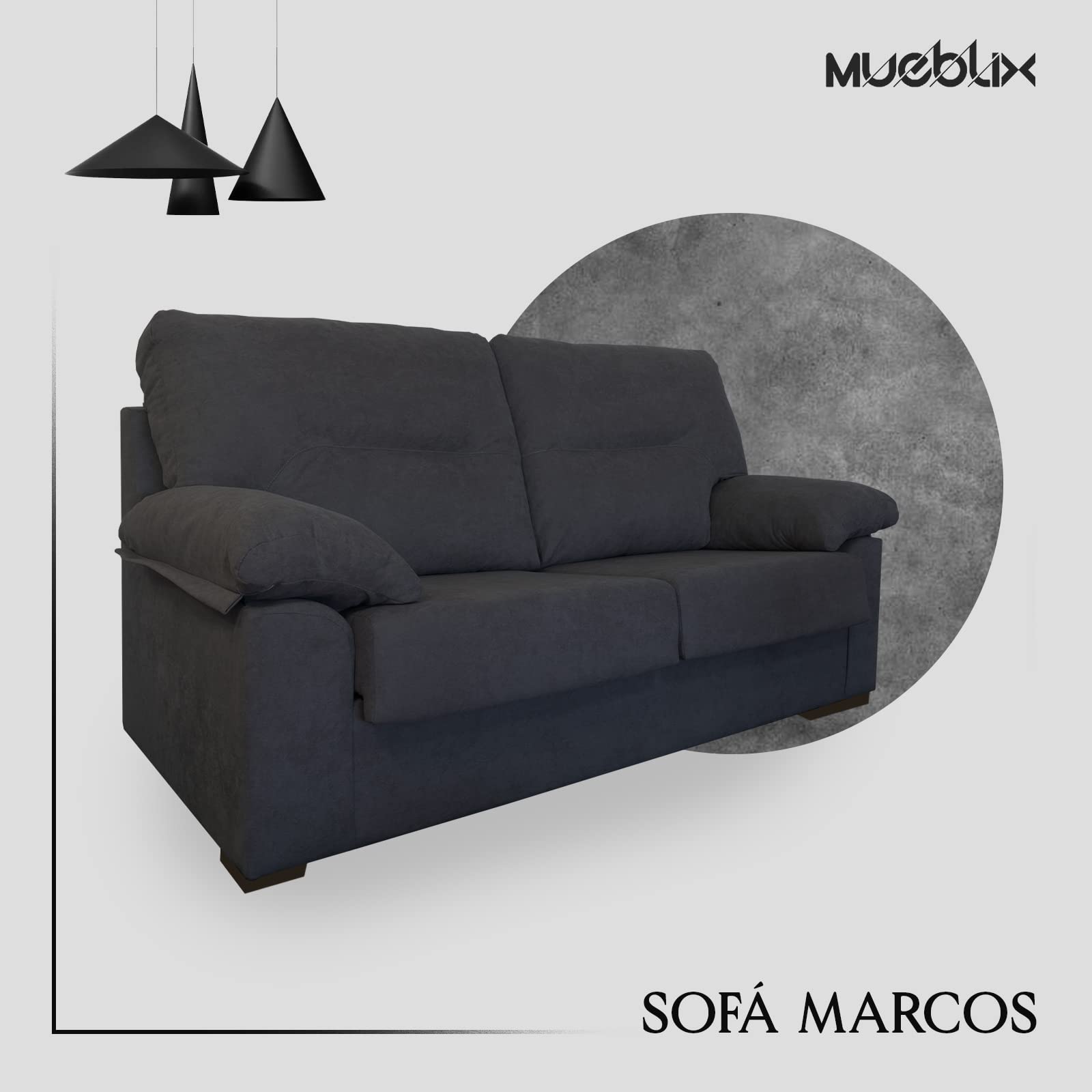MUEBLIX.COM | Sofa Marcos, 3 Plazas, Diseño para Salón Moderno, Confortable, Armazón de Pino Gallego, Asientos de Goma Espuma, Antracita