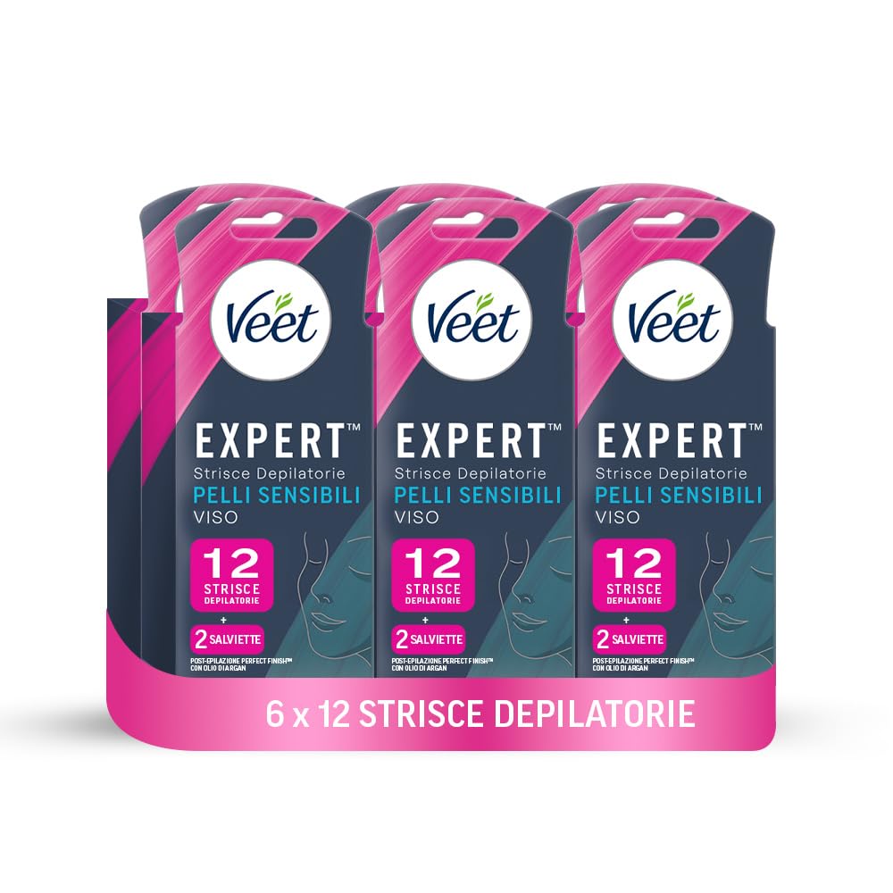 Veet Expert Strisce Depilatorie Viso, Ceretta per Pelli Sensibili con Olio di Mandorla, Dermatologicamente Testate, 72 Strisce (6x12 Strisce) + 12 Salviette Post-Epilazione con Olio D'Argan