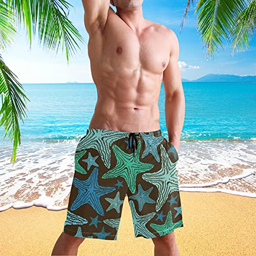 visesunny Blue Green Starfish Brown Pattern Summer Men's Swim Trunks Quick Dry Bathing Suits Beach Holiday Party Swim Shorts4