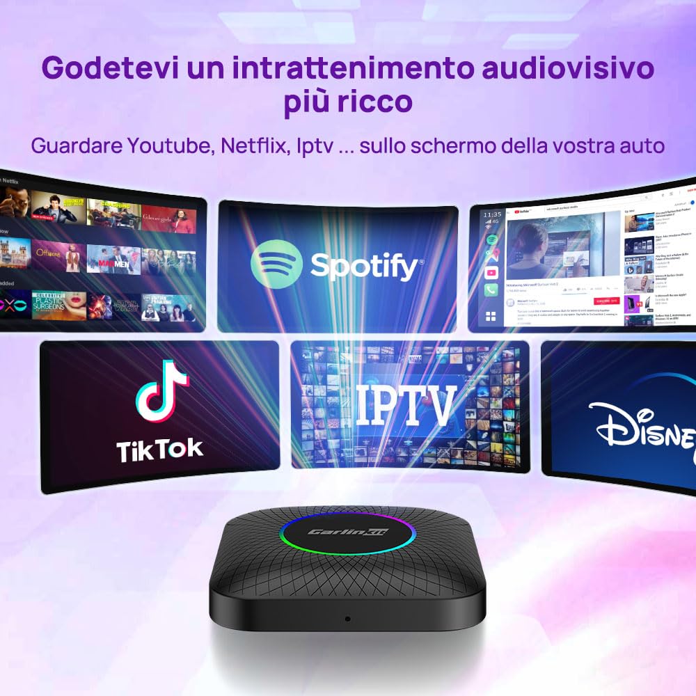 CarlinKit Tbox Ambient Android 13.0 CarPlay AI BOX,RAM 8GB+ROM 128GB,Adattatore Wireless CarPlay e Wireless Android Auto/Guarda Netflix, YouTube, SM 6225/Google Play Store/Aggiornamento OTA