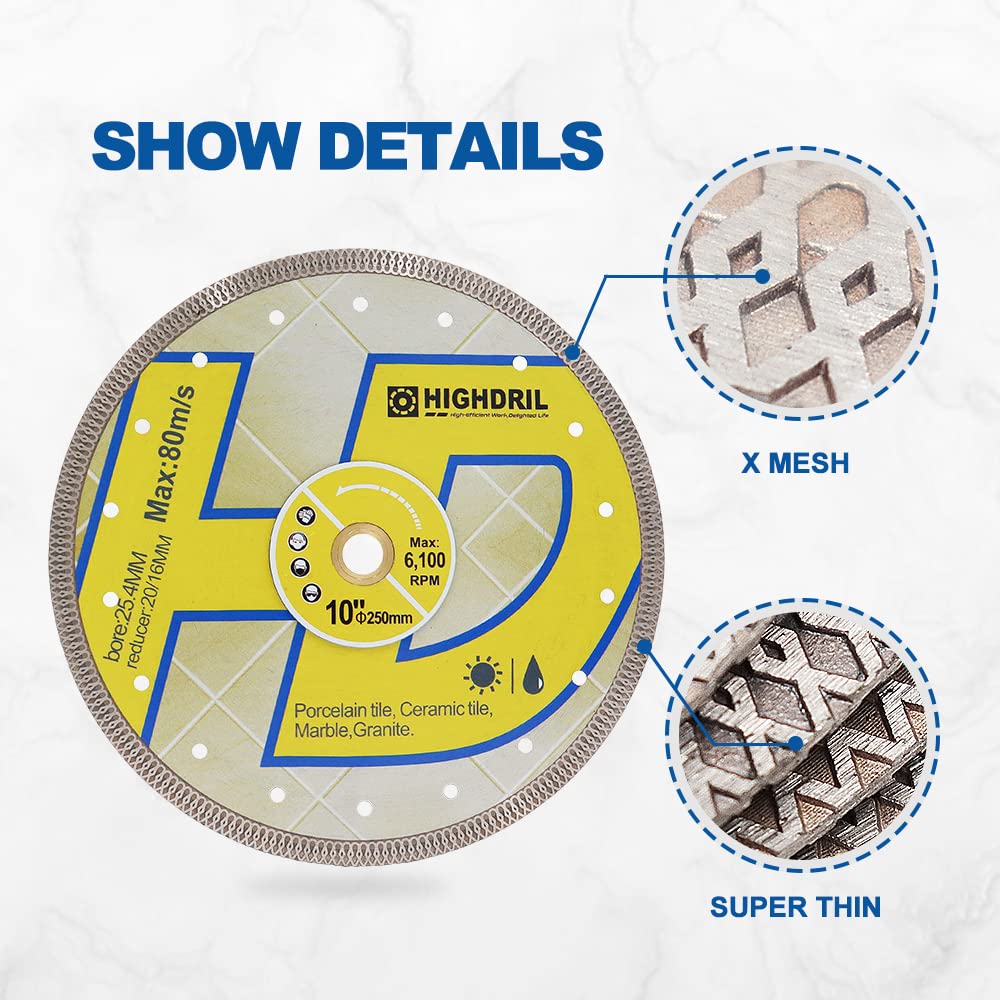 HIGHDRIL Hoja sierra diamante, 3 piezas hoja de azulejos de diamante de 10 pulgadas, corte de disco azulejos de porcelana cerámica granito mármol uso seco o húmedo hoja de sierra circular