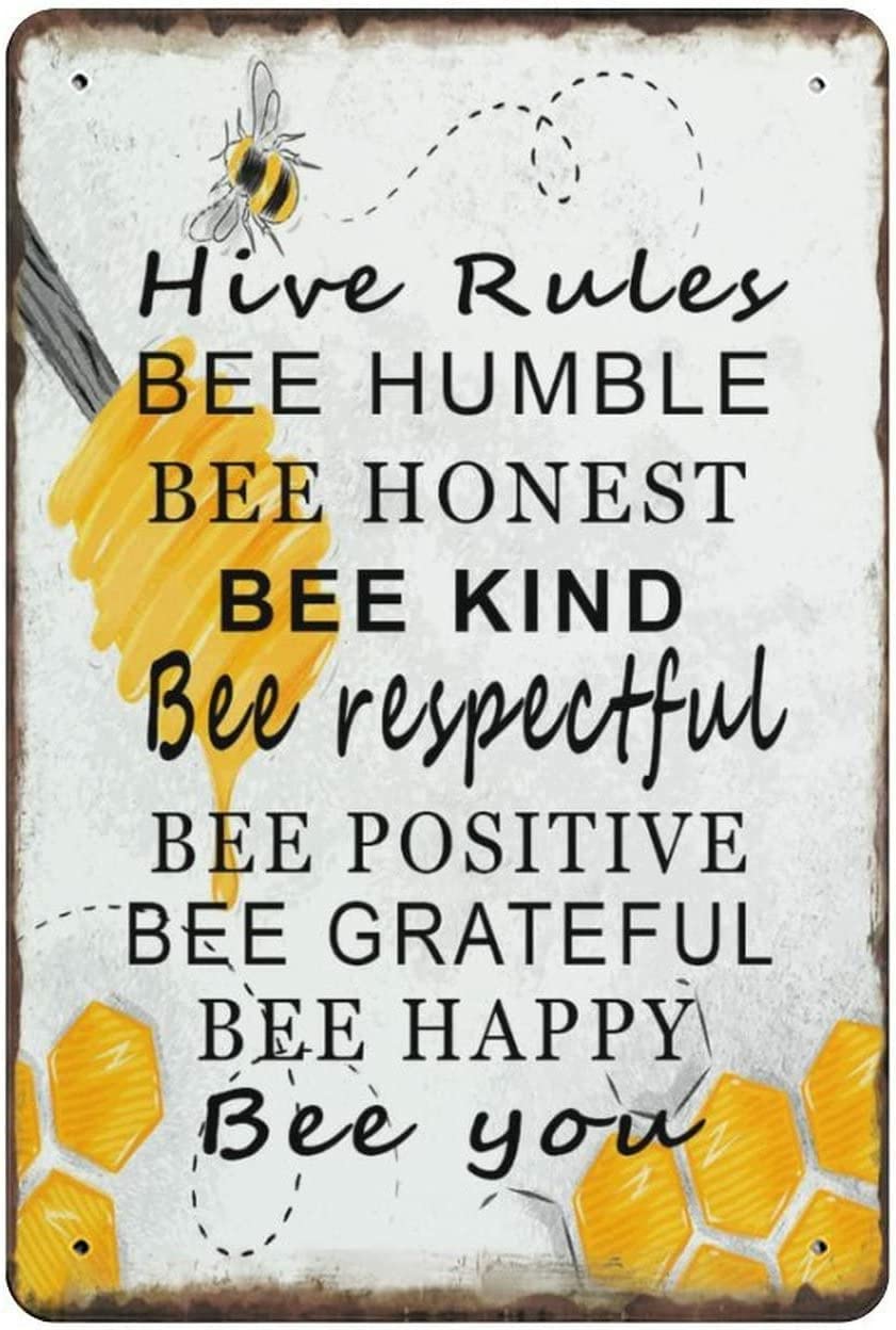 Bee Hive Rules, Bee Decor, Garden Decor, Bee Hive Decor, Metal Tin Sign Bee Art Farmhouse Garden Sign, Bee Decor Home Kitchen Decor 12x16inch